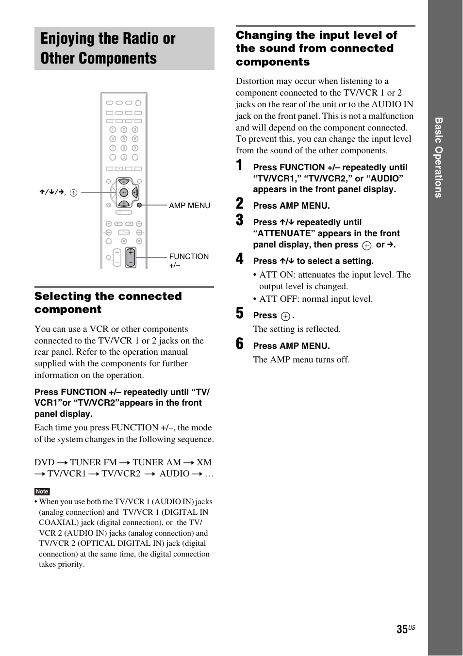 Enjoying the radio or other components, Selecting the connected component, Enjoying the radio or other | Components | Sony DAV-FX900W User Manual | Page 35 / 112