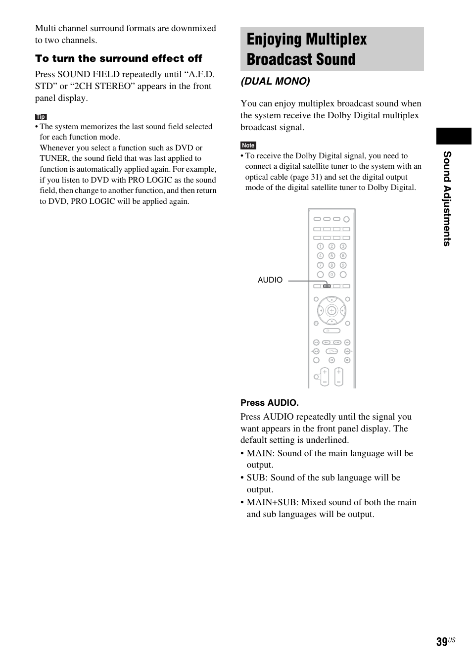 Enjoying multiplex broadcast sound, Dual mono) | Sony DAV-FX900W User Manual | Page 39 / 112
