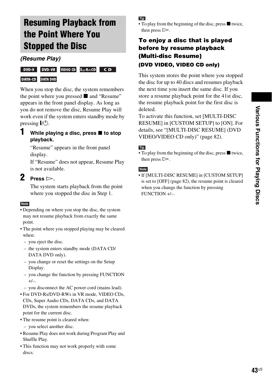 Resuming playback from the point where, You stopped the disc (resume play) | Sony DAV-FX900W User Manual | Page 43 / 112