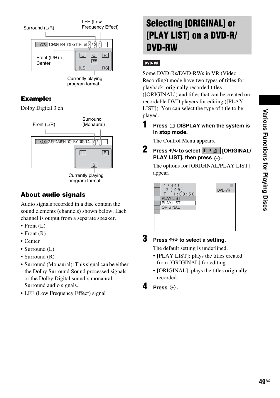 Selecting [original] or [play list, On a dvd-r/dvd-rw | Sony DAV-FX900W User Manual | Page 49 / 112