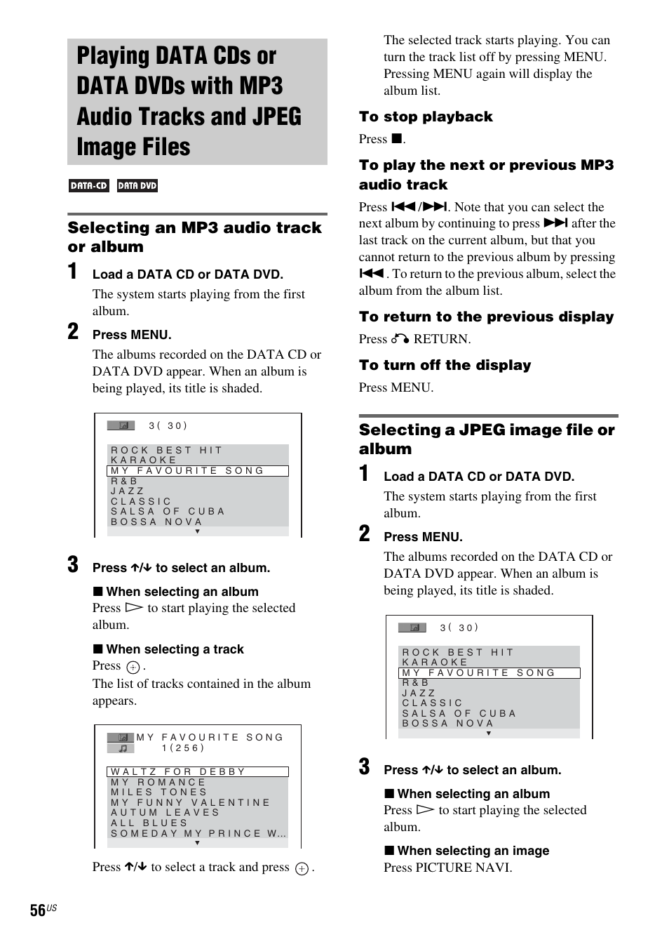 Selecting an mp3 audio track or album, Selecting a jpeg image file or album, Playing data cds or data dvds with | Mp3 audio tracks and jpeg image files | Sony DAV-FX900W User Manual | Page 56 / 112