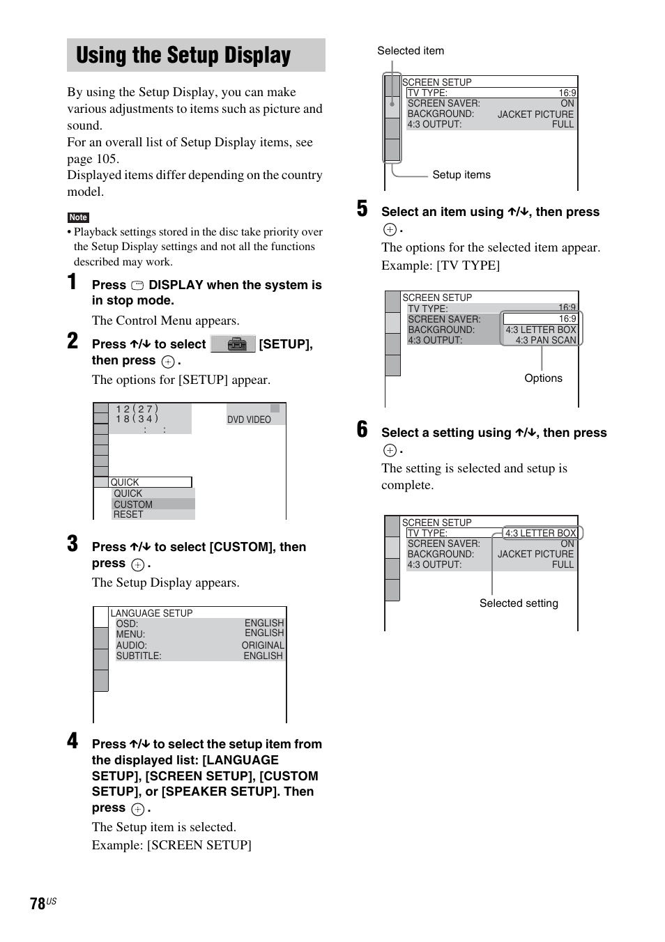 Using the setup display, Using | Sony DAV-FX900W User Manual | Page 78 / 112