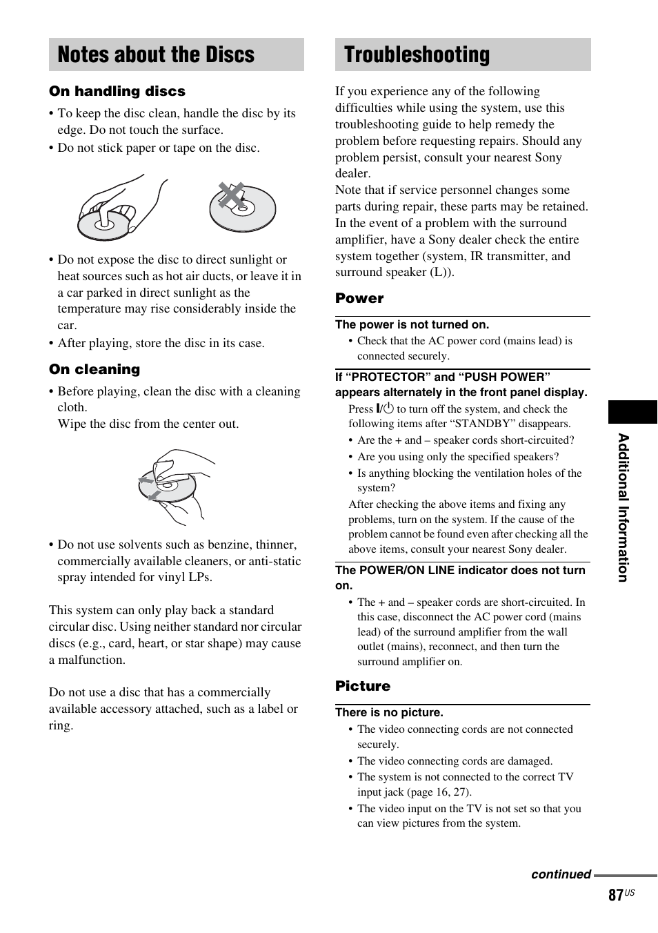 Notes about the discs, Troubleshooting, Notes about the discs troubleshooting | Sony DAV-FX900W User Manual | Page 87 / 112