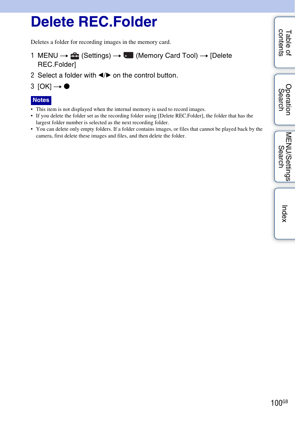 Delete rec.folder | Sony Cyber-shot 4-162-397-11(1) User Manual | Page 100 / 137