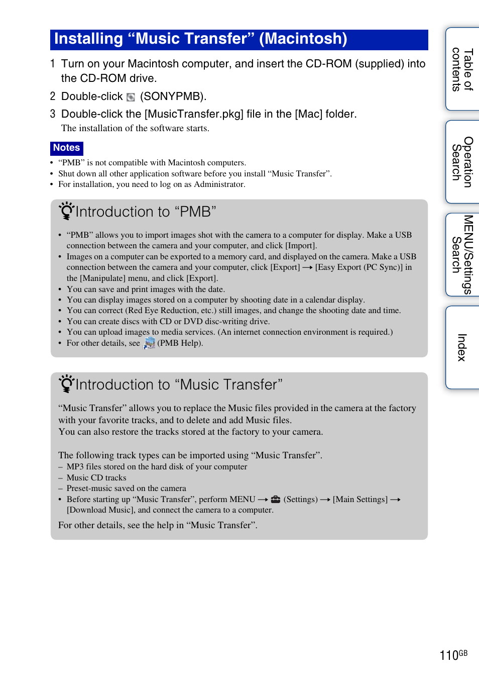Installing “music transfer” (macintosh), Introduction to “pmb, Introduction to “music transfer | Sony Cyber-shot 4-162-397-11(1) User Manual | Page 110 / 137