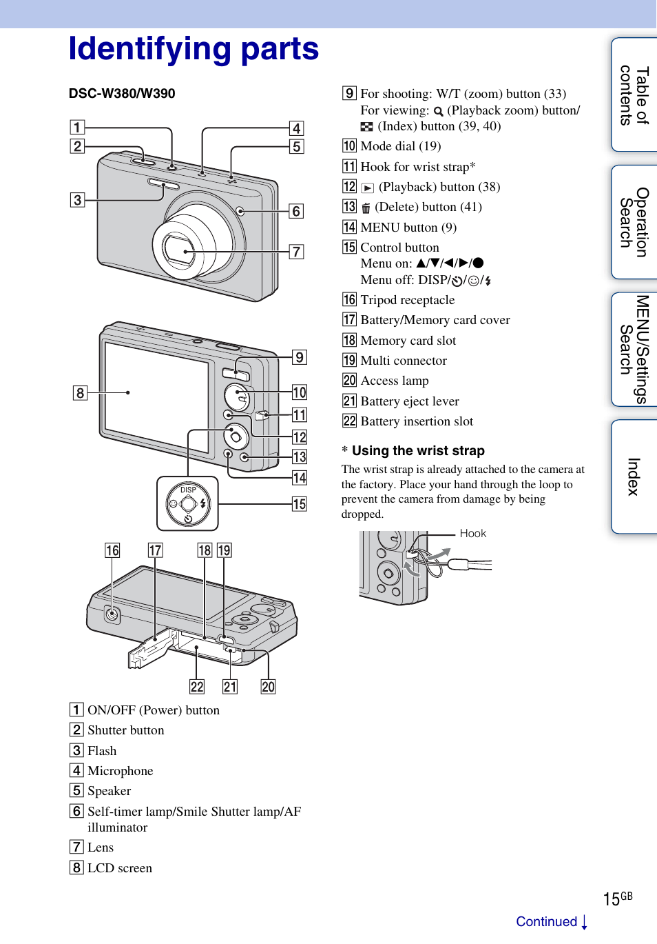 Identifying parts | Sony Cyber-shot 4-162-397-11(1) User Manual | Page 15 / 137