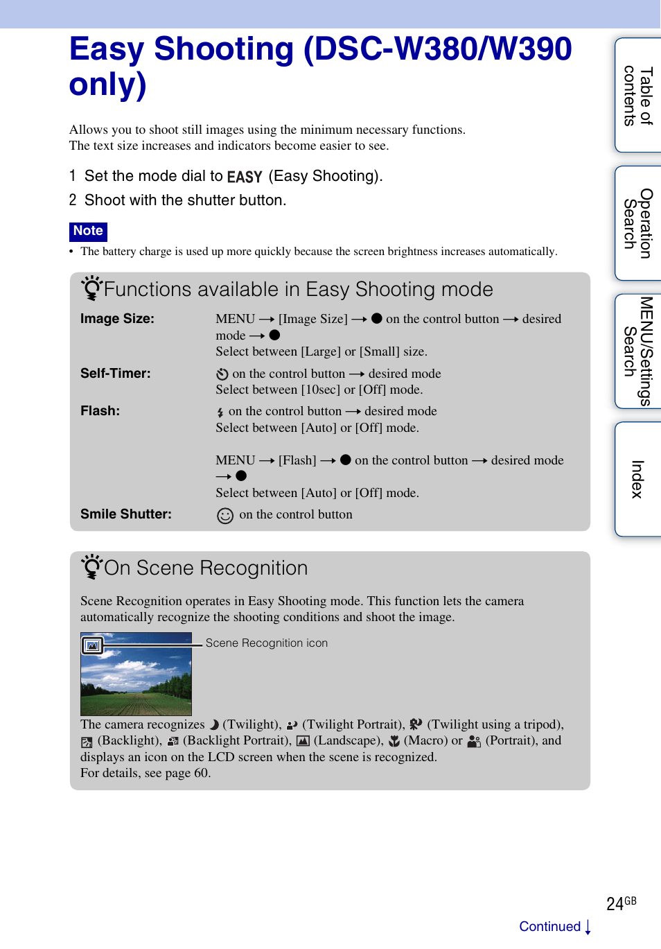 Easy shooting (dsc-w380/w390 only), Functions available in easy shooting mode, On scene recognition | Sony Cyber-shot 4-162-397-11(1) User Manual | Page 24 / 137