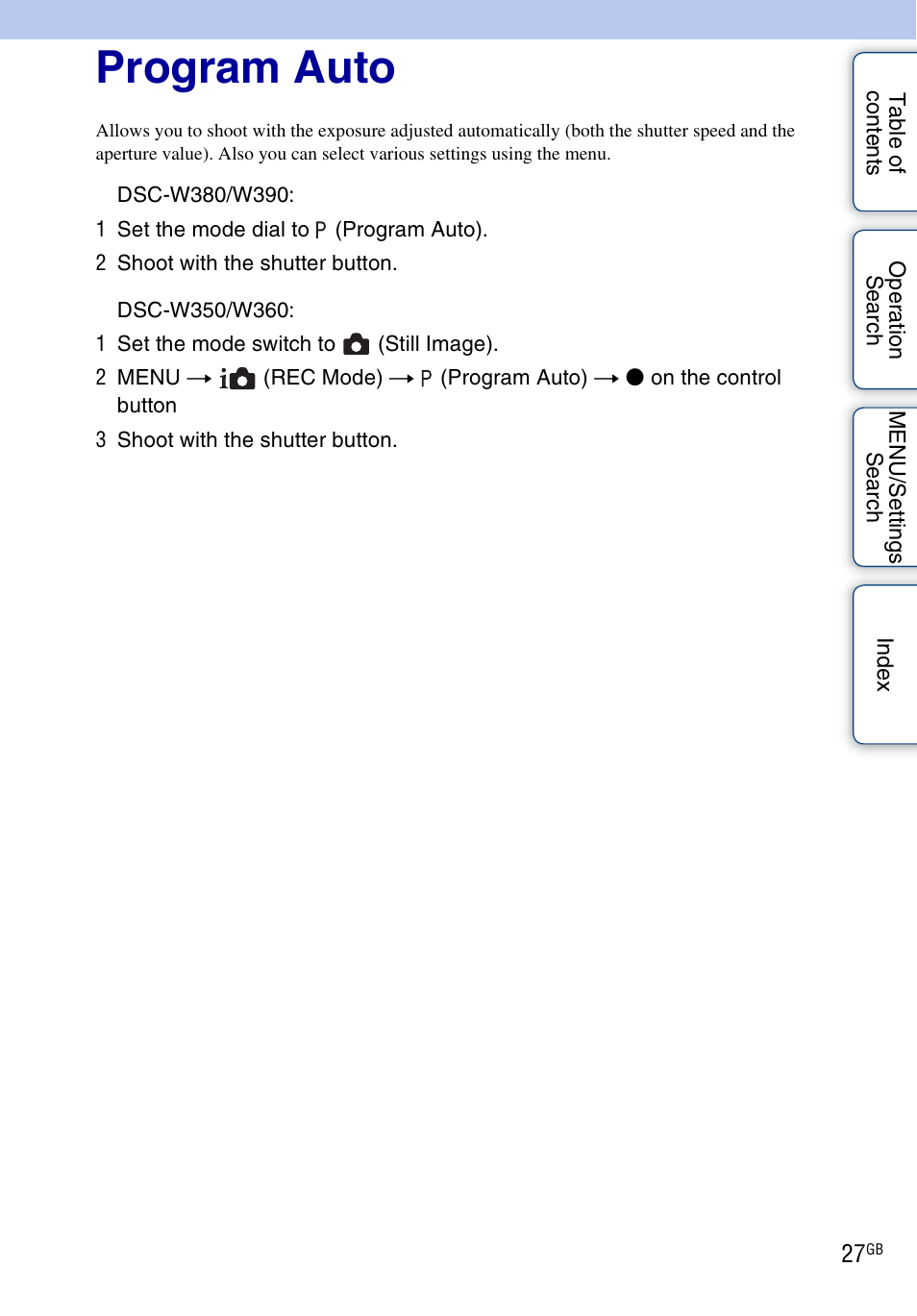 Program auto | Sony Cyber-shot 4-162-397-11(1) User Manual | Page 27 / 137