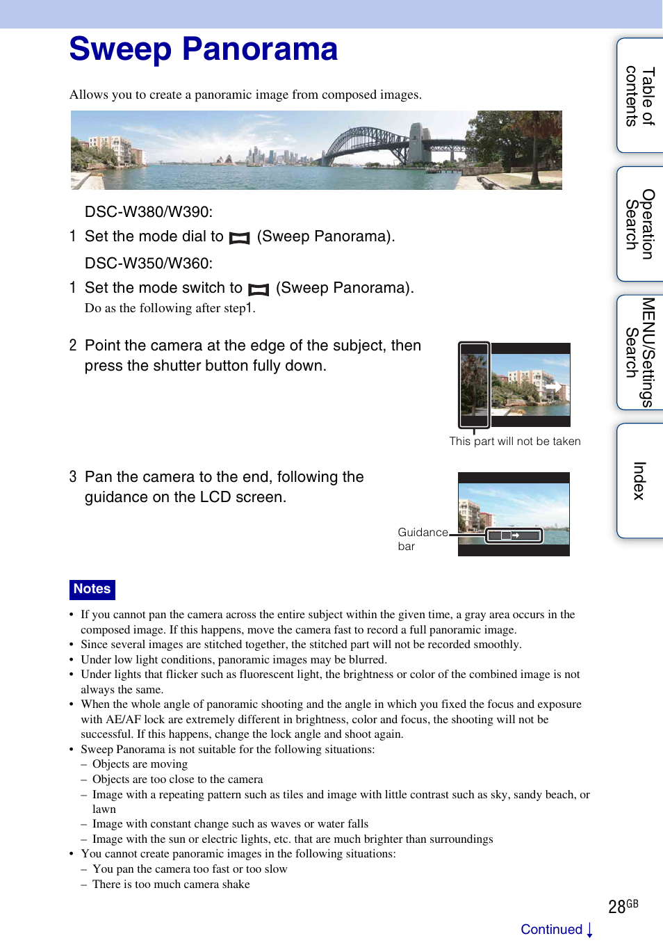 Sweep panorama | Sony Cyber-shot 4-162-397-11(1) User Manual | Page 28 / 137