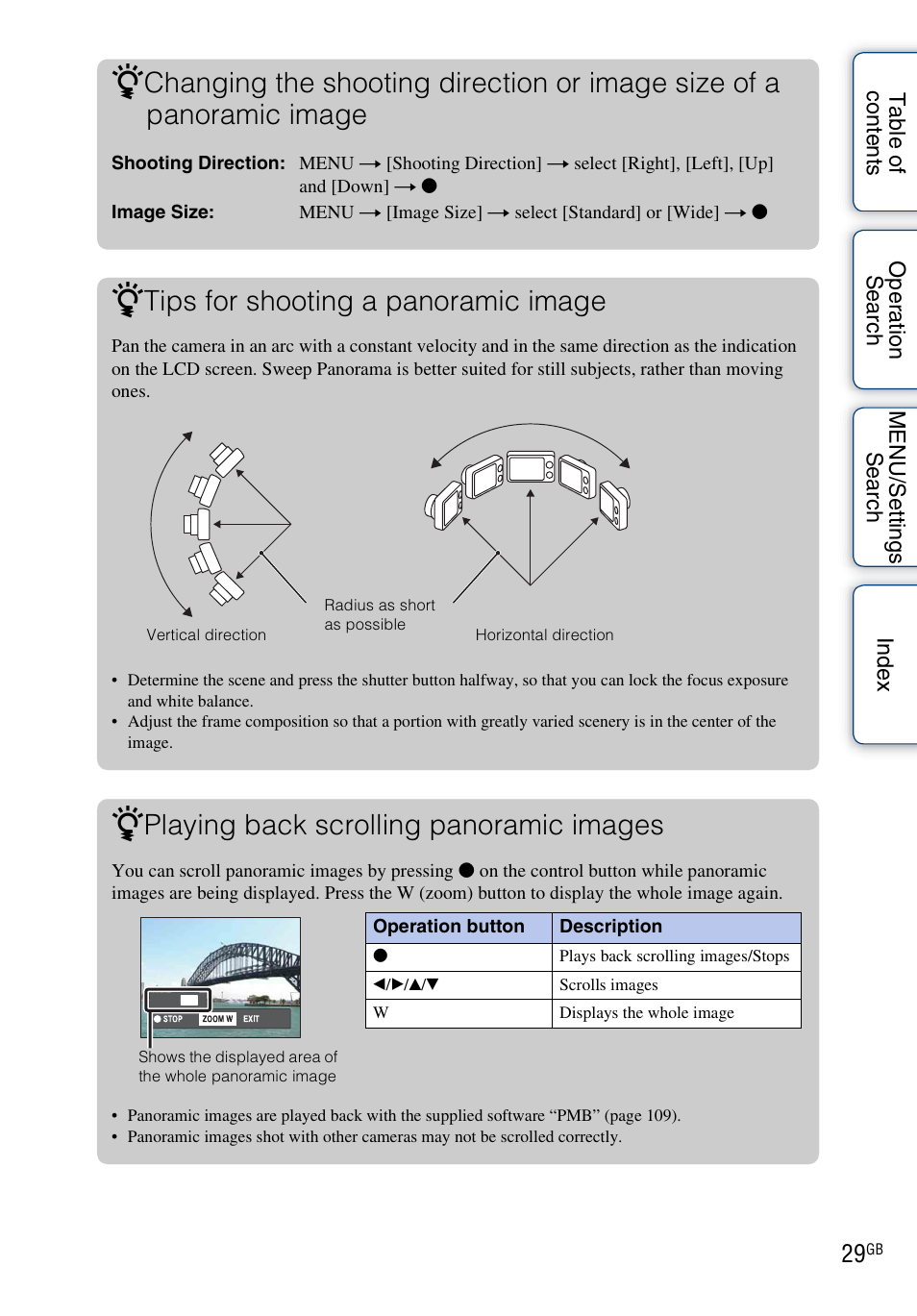 Tips for shooting a panoramic image, Playing back scrolling panoramic images | Sony Cyber-shot 4-162-397-11(1) User Manual | Page 29 / 137