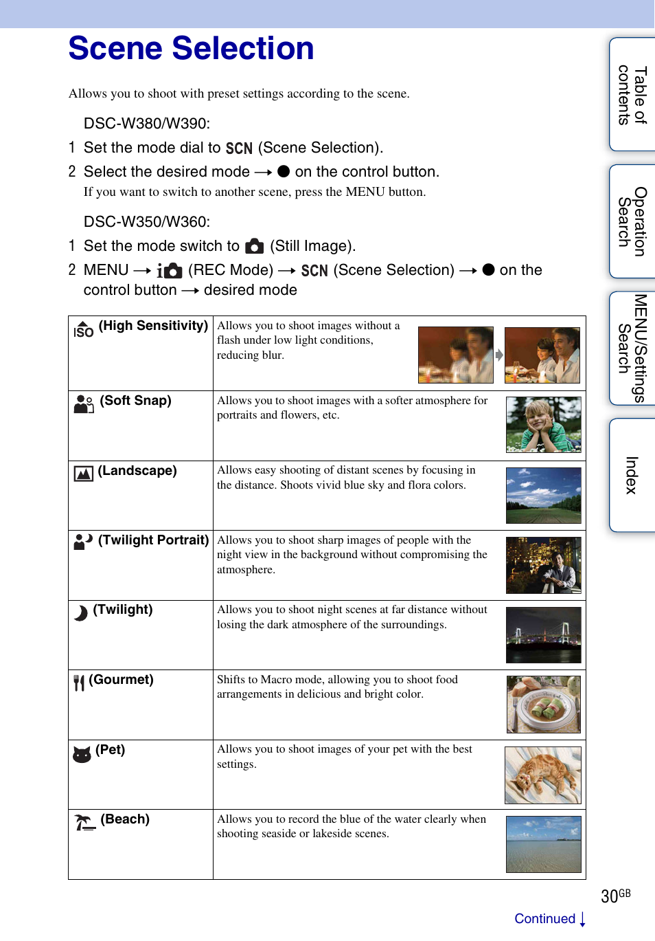 Scene selection | Sony Cyber-shot 4-162-397-11(1) User Manual | Page 30 / 137