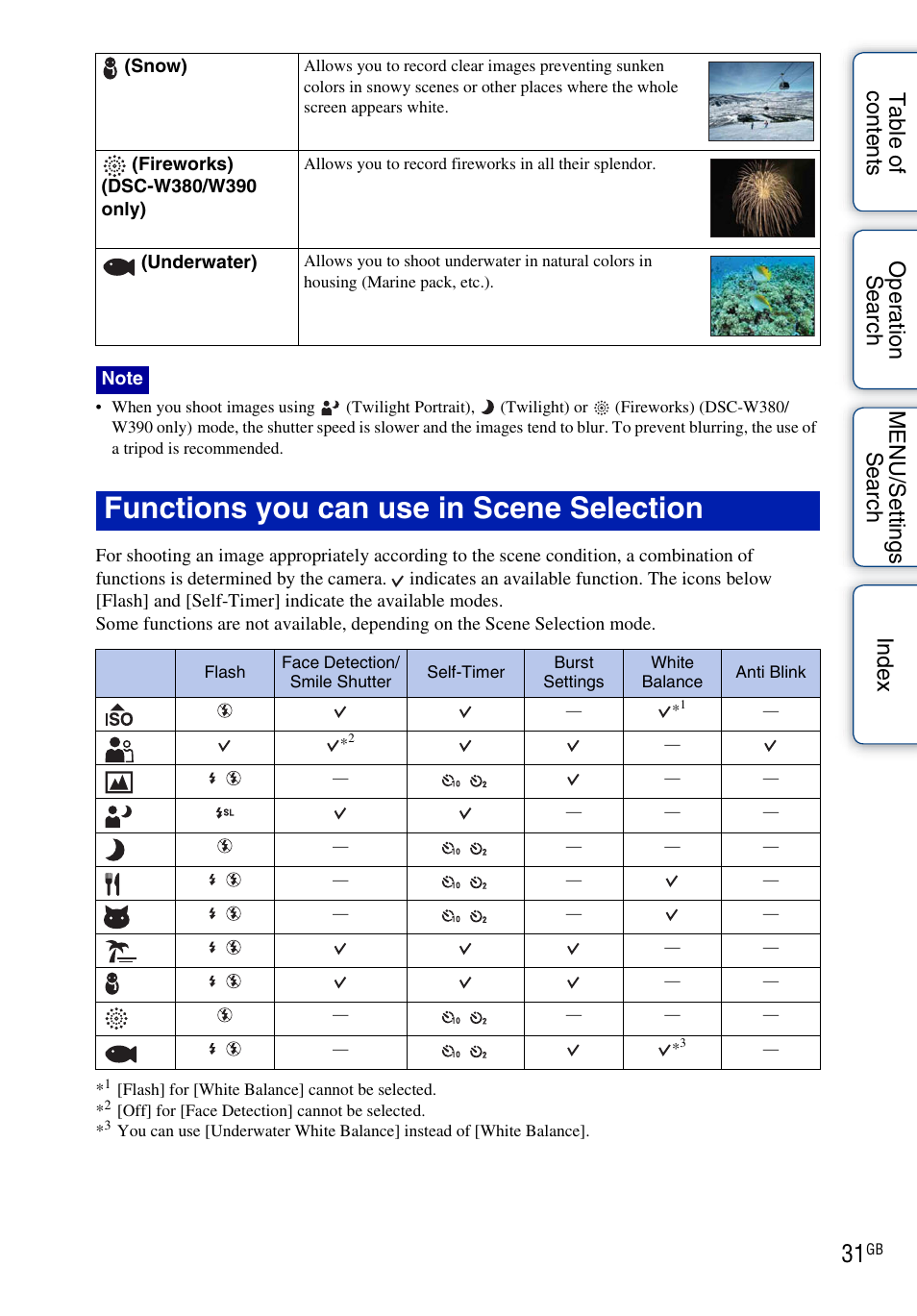 Functions you can use in scene selection | Sony Cyber-shot 4-162-397-11(1) User Manual | Page 31 / 137