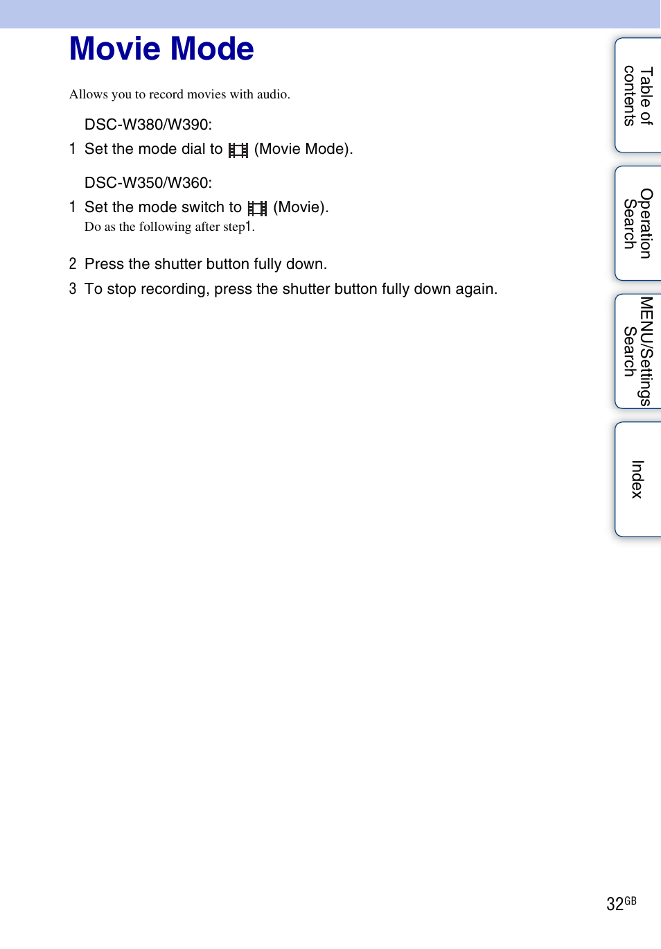 Movie mode | Sony Cyber-shot 4-162-397-11(1) User Manual | Page 32 / 137