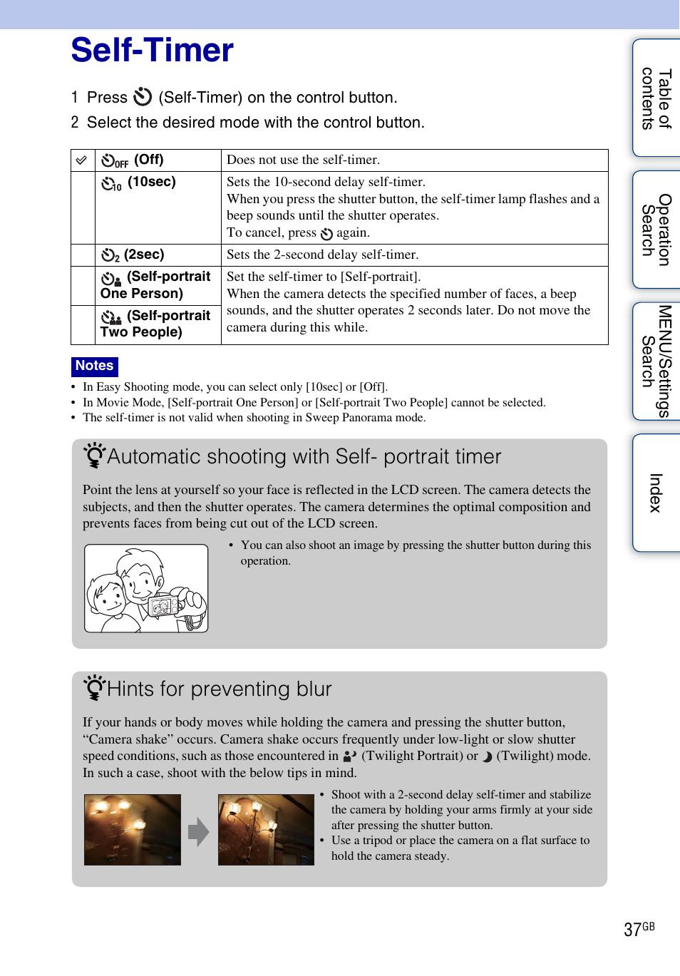 Self-timer, Automatic shooting with self- portrait timer, Hints for preventing blur | Sony Cyber-shot 4-162-397-11(1) User Manual | Page 37 / 137