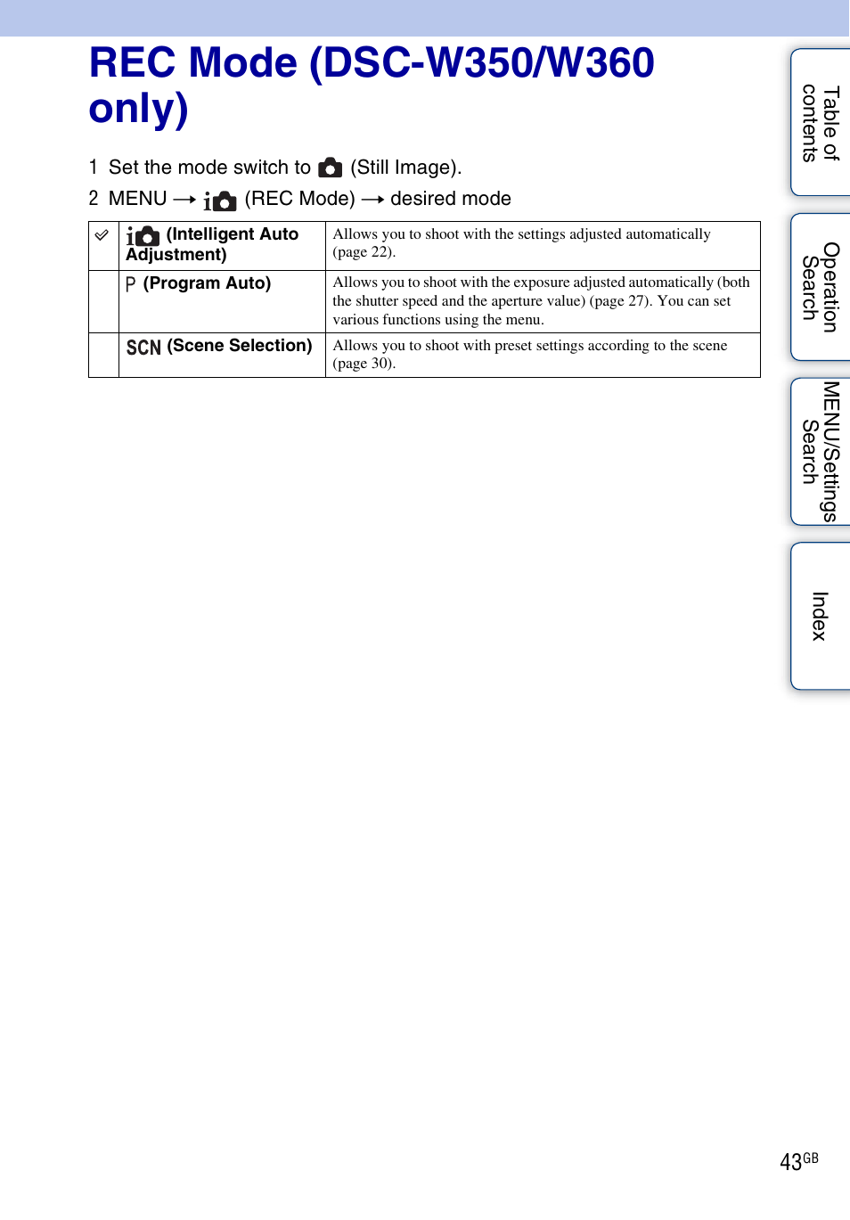 Rec mode (dsc-w350/w360 only), Rec mode | Sony Cyber-shot 4-162-397-11(1) User Manual | Page 43 / 137