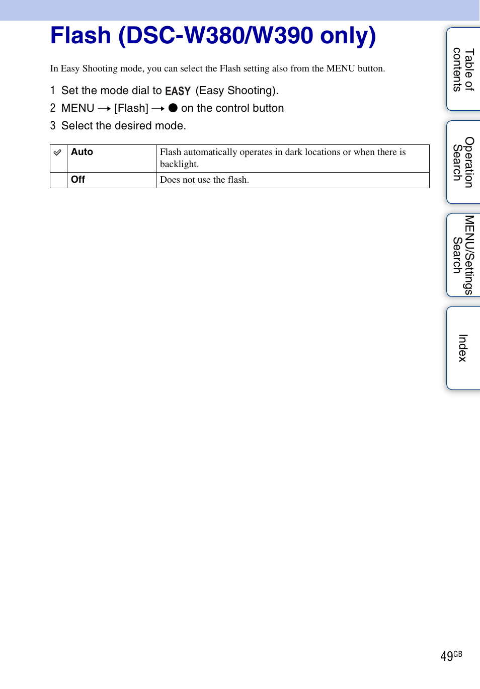 Flash (dsc-w380/w390 only), Flash | Sony Cyber-shot 4-162-397-11(1) User Manual | Page 49 / 137