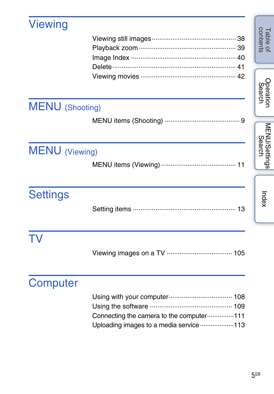 Viewing, Menu, Settings | Computer | Sony Cyber-shot 4-162-397-11(1) User Manual | Page 5 / 137