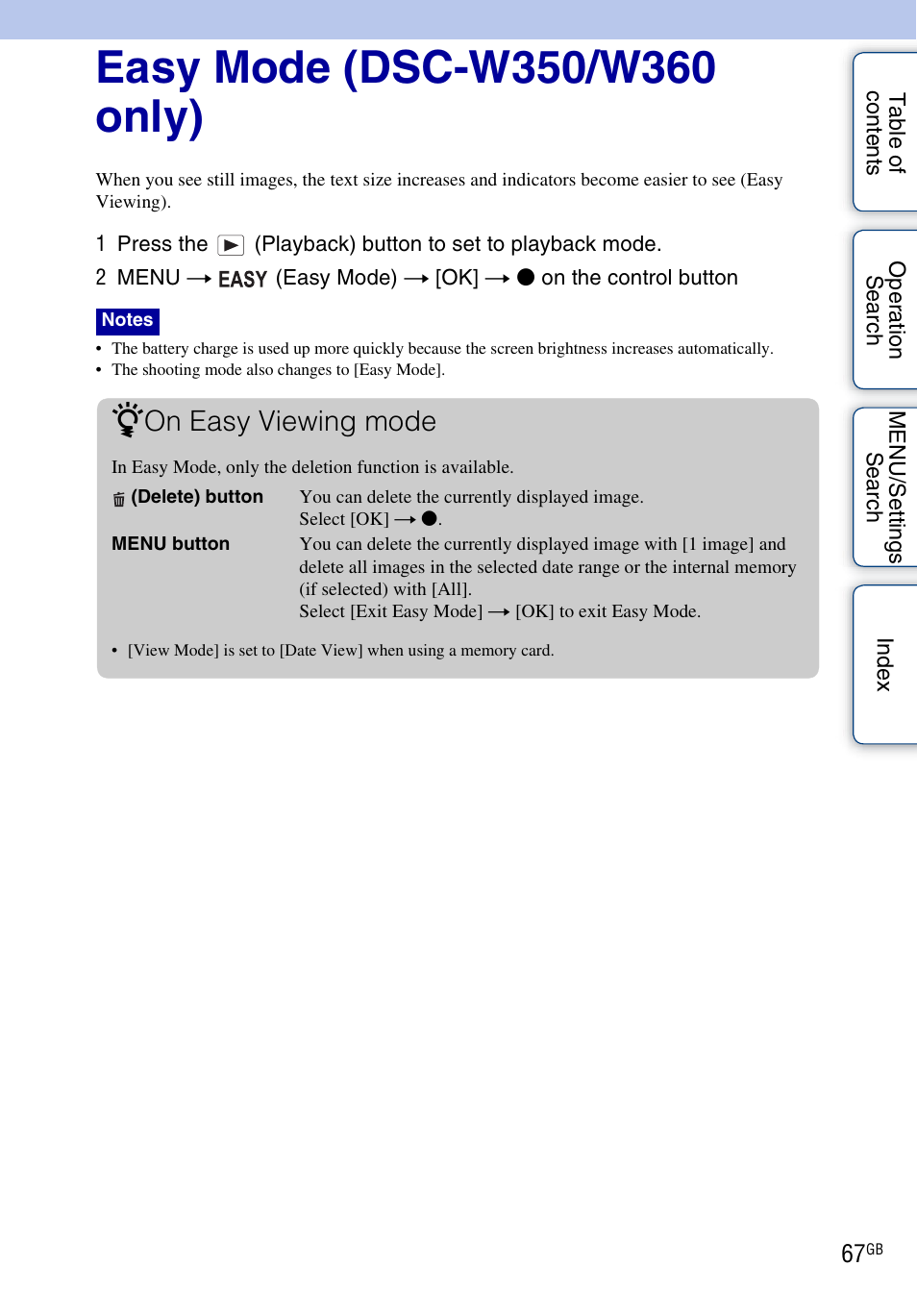 Easy mode (dsc-w350/w360 only), Easy mode), On easy viewing mode | Sony Cyber-shot 4-162-397-11(1) User Manual | Page 67 / 137