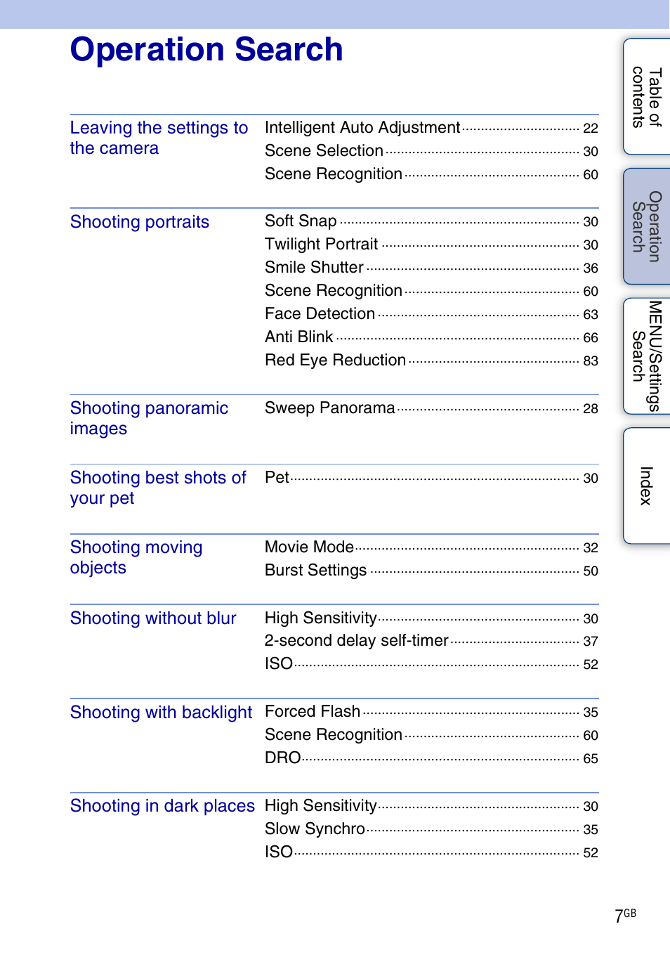 Operation search, Perat, Earc | Sony Cyber-shot 4-162-397-11(1) User Manual | Page 7 / 137