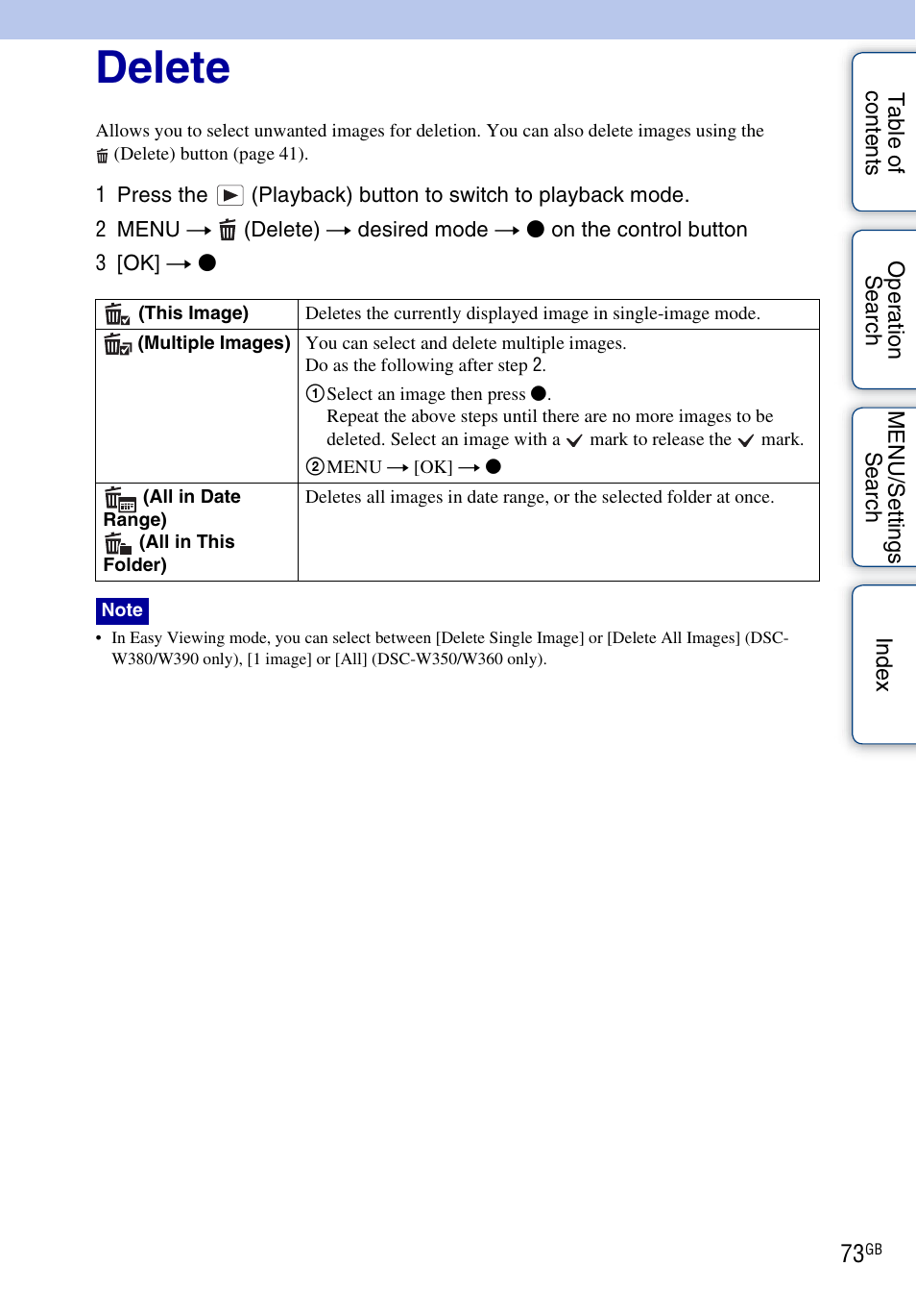 Delete, Delete) | Sony Cyber-shot 4-162-397-11(1) User Manual | Page 73 / 137