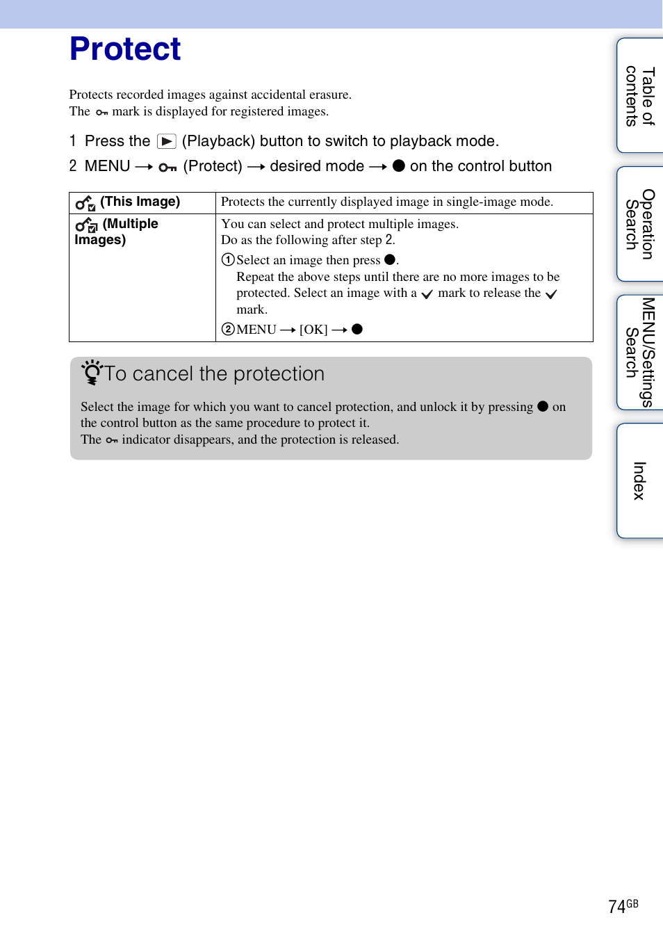 Protect, Protect) | Sony Cyber-shot 4-162-397-11(1) User Manual | Page 74 / 137