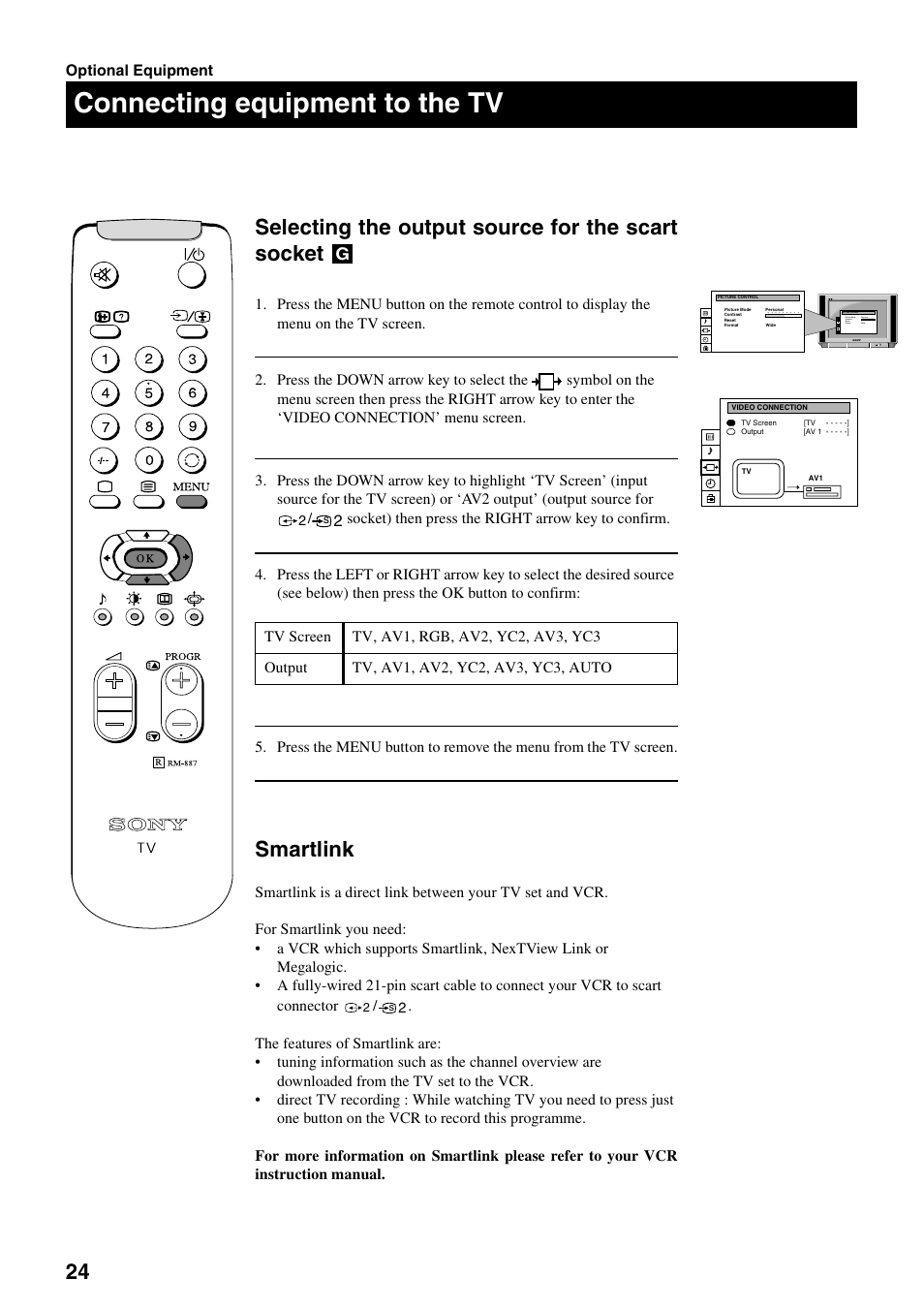 Connecting equipment to the tv, Selecting the output source for the scart socket, Smartlink | Sony FD Trinitron KV-28FX20U User Manual | Page 26 / 30