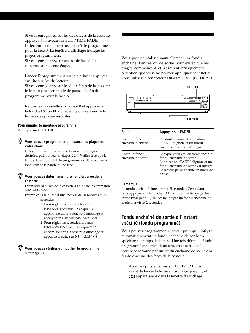 Fondu enchaîné d’entrée et de sortie, Enregistrement de disques compacts | Sony CDP-CE245 User Manual | Page 33 / 56
