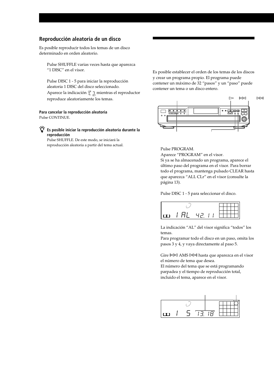 1 al, Reproducción de discos compactos, Reproducción aleatoria de un disco | Sony CDP-CE245 User Manual | Page 48 / 56