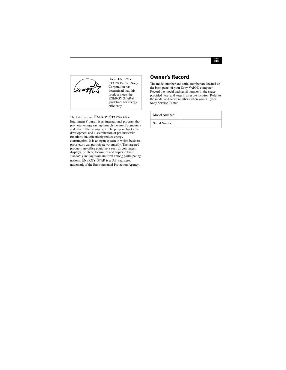 Owner’s record | Sony PCV-RXP-RZP User Manual | Page 3 / 100