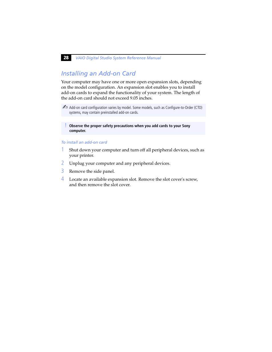Installing an add-on card | Sony PCV-RXP-RZP User Manual | Page 42 / 100