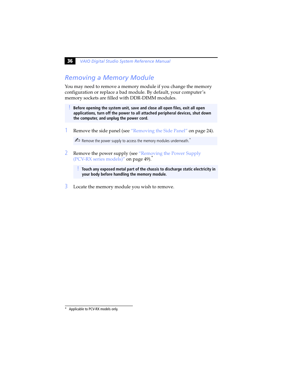 Removing a memory module | Sony PCV-RXP-RZP User Manual | Page 50 / 100