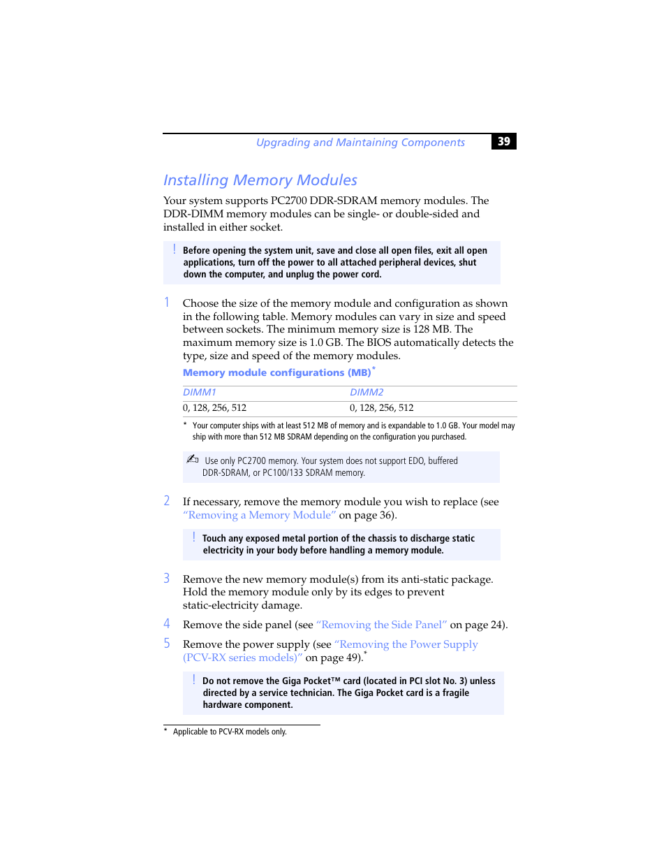 Installing memory modules | Sony PCV-RXP-RZP User Manual | Page 53 / 100