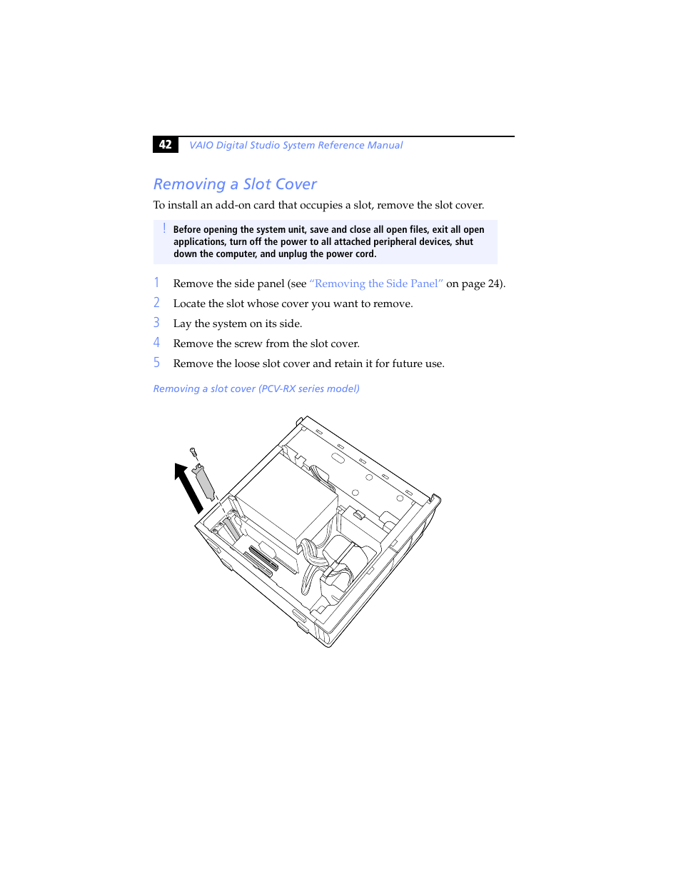 Removing a slot cover, Removing a, Slot cover | Sony PCV-RXP-RZP User Manual | Page 56 / 100