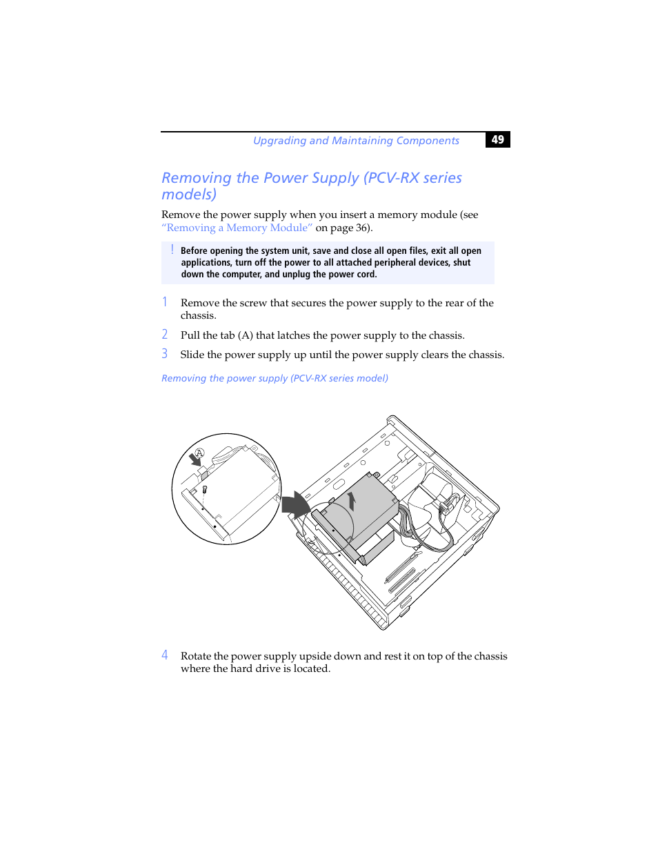Removing the power supply (pcv-rx series models), Removing the power supply, Pcv-rx series models) | Sony PCV-RXP-RZP User Manual | Page 63 / 100
