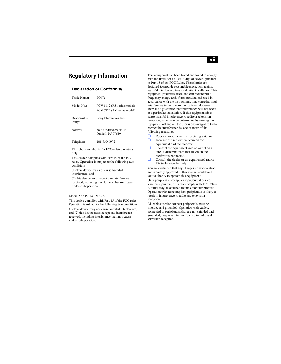 Regulatory information | Sony PCV-RXP-RZP User Manual | Page 7 / 100