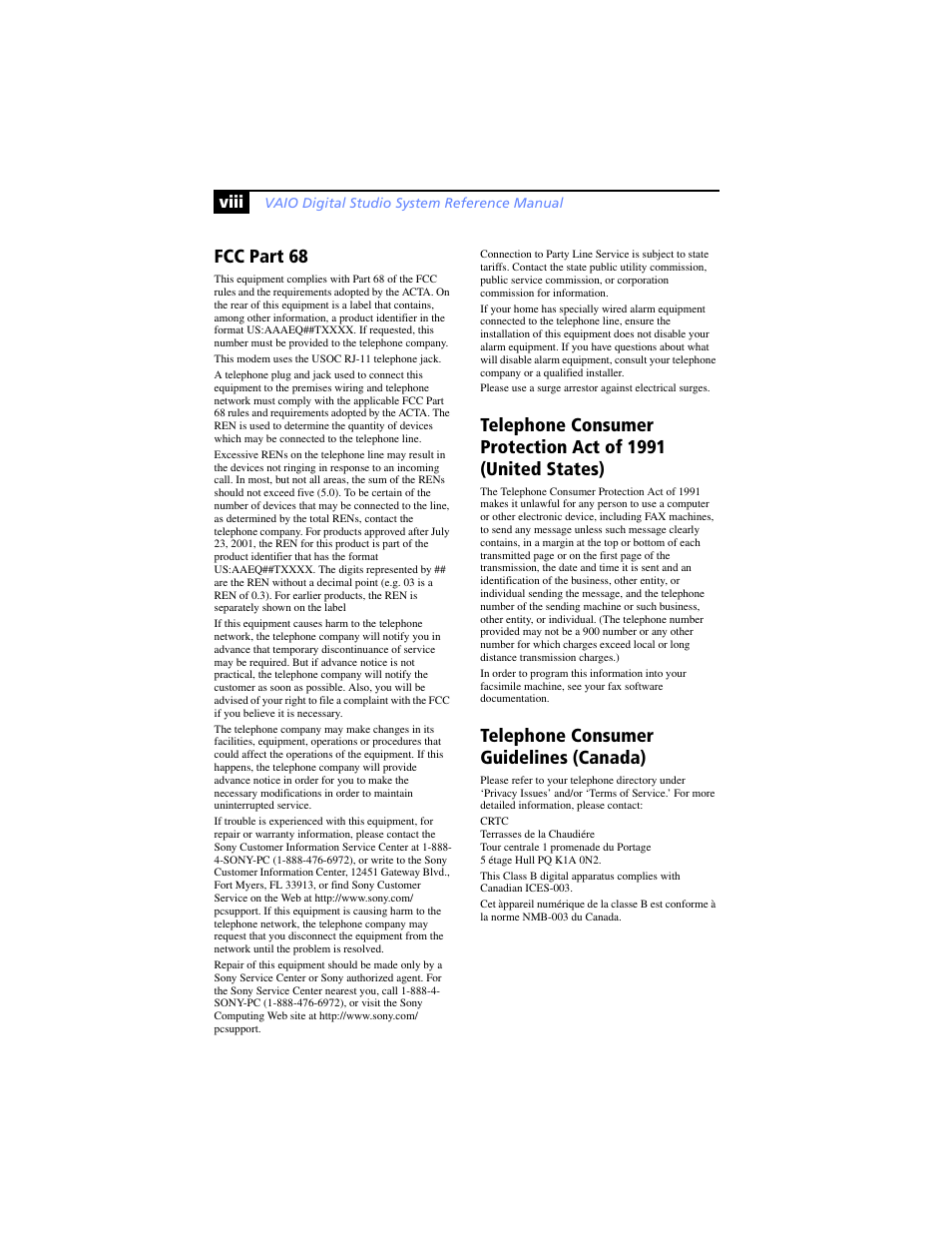 Fcc part 68, Telephone consumer guidelines (canada), Viii | Sony PCV-RXP-RZP User Manual | Page 8 / 100