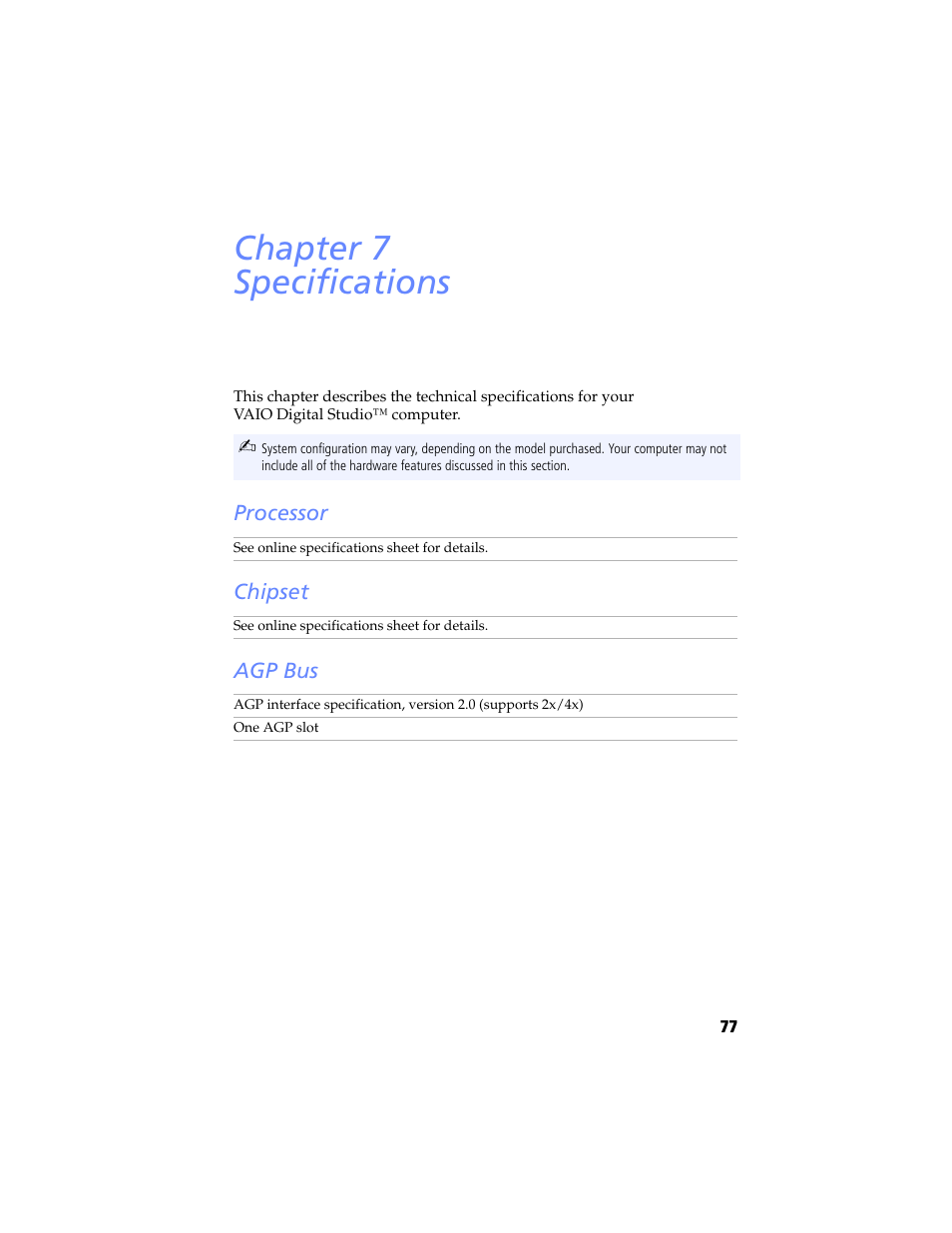 Specifications, Processor, Chipset | Agp bus, Chapter 7 — specifications, Processor chipset agp bus, Chapter 7 specifications | Sony PCV-RXP-RZP User Manual | Page 91 / 100
