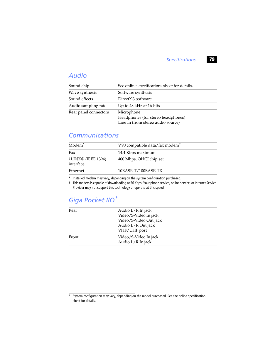 Audio, Communications, Giga pocket i/o | Audio communications giga pocket i/o | Sony PCV-RXP-RZP User Manual | Page 93 / 100
