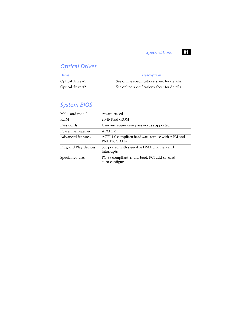 Optical drives, System bios, Optical drives system bios | Sony PCV-RXP-RZP User Manual | Page 95 / 100
