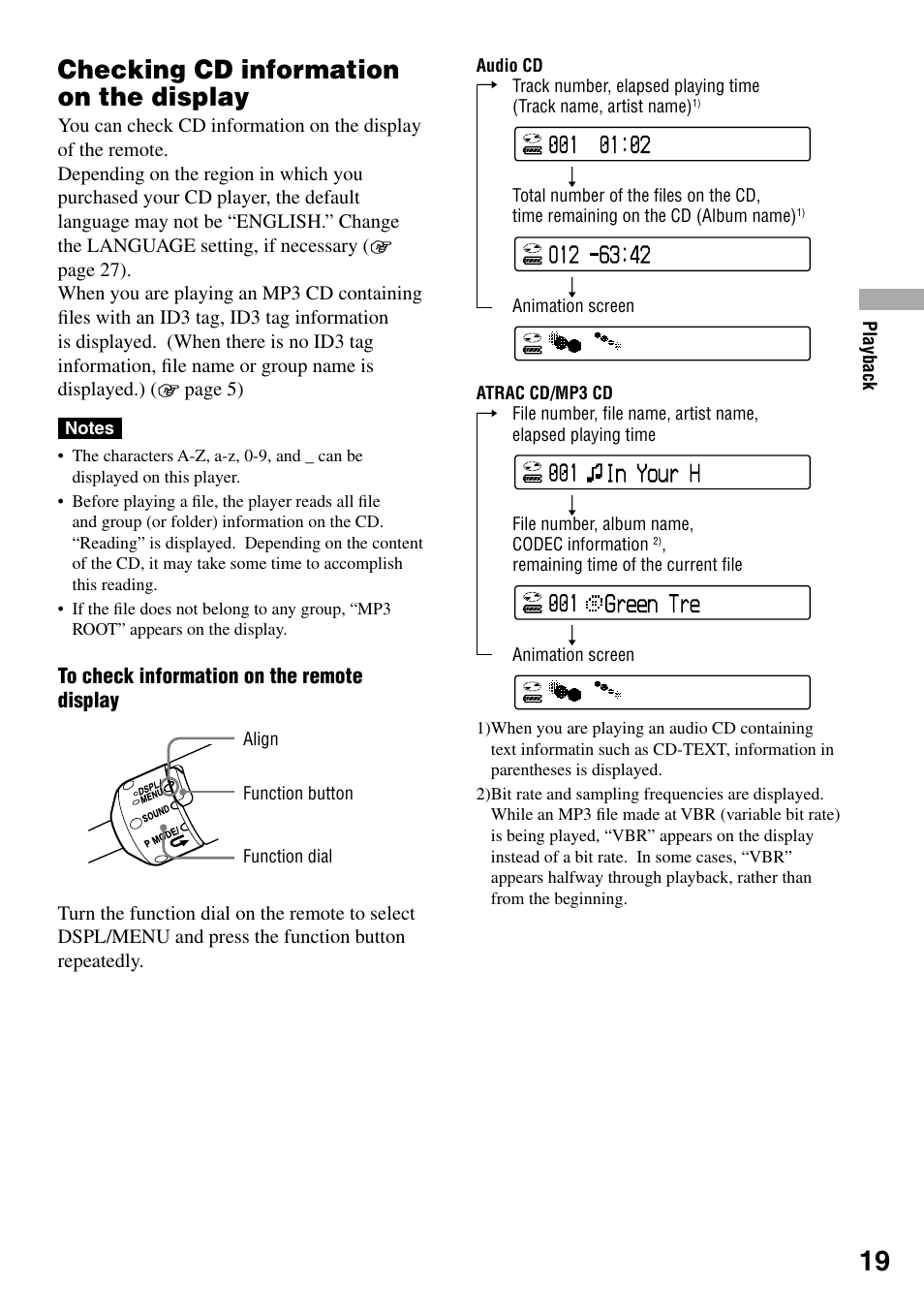 Checking cd information on the display, Checking cd information on the display .19 | Sony Atrac3/MP3 CD Walkman D-NE20 User Manual | Page 19 / 39