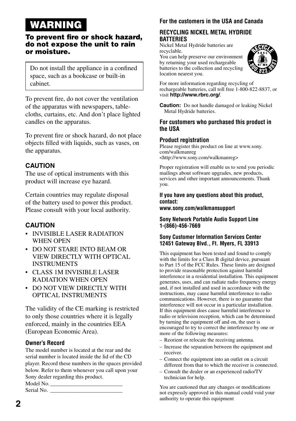 Warning | Sony Atrac3/MP3 CD Walkman D-NE20 User Manual | Page 2 / 39