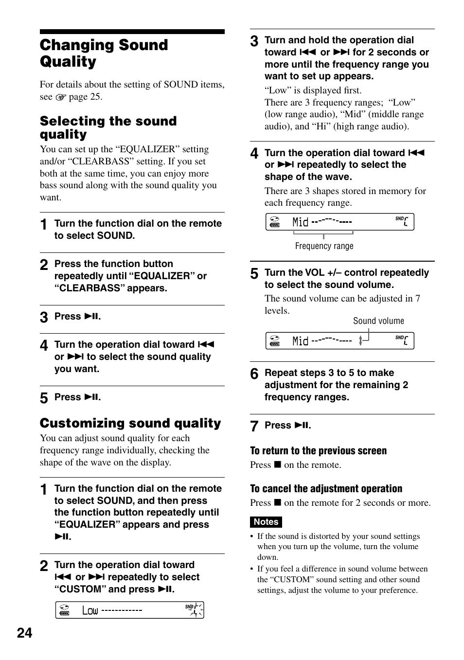 Changing sound quality, Selecting the sound quality, Customizing sound quality | Sony Atrac3/MP3 CD Walkman D-NE20 User Manual | Page 24 / 39