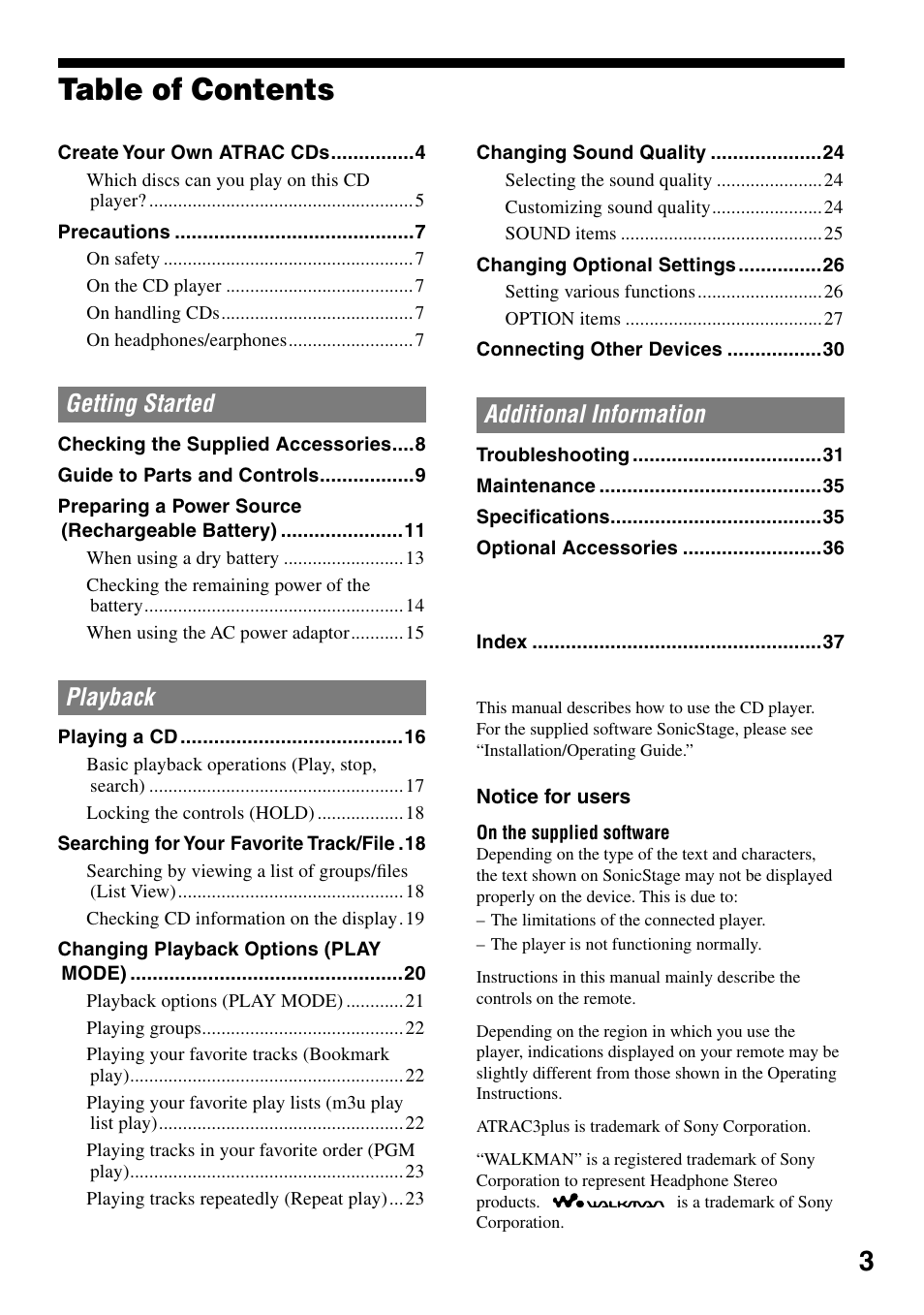 Sony Atrac3/MP3 CD Walkman D-NE20 User Manual | Page 3 / 39