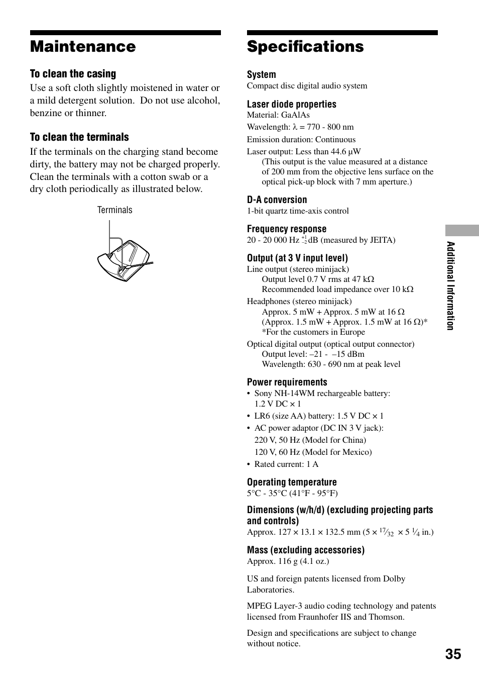 Maintenance, Specifications, Maintenance speciﬁcations | Speciﬁcations | Sony Atrac3/MP3 CD Walkman D-NE20 User Manual | Page 35 / 39