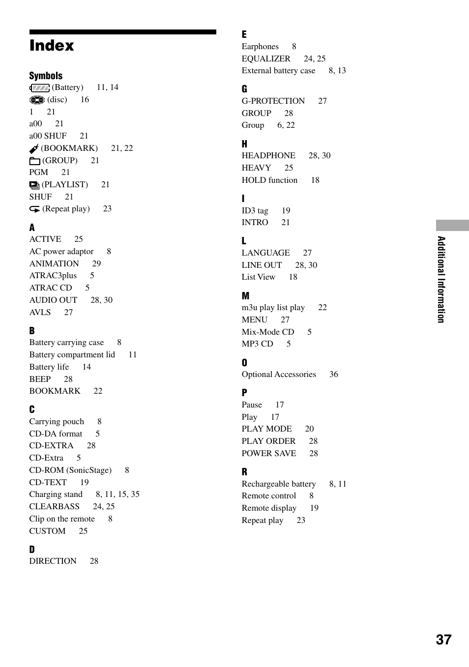 Index | Sony Atrac3/MP3 CD Walkman D-NE20 User Manual | Page 37 / 39
