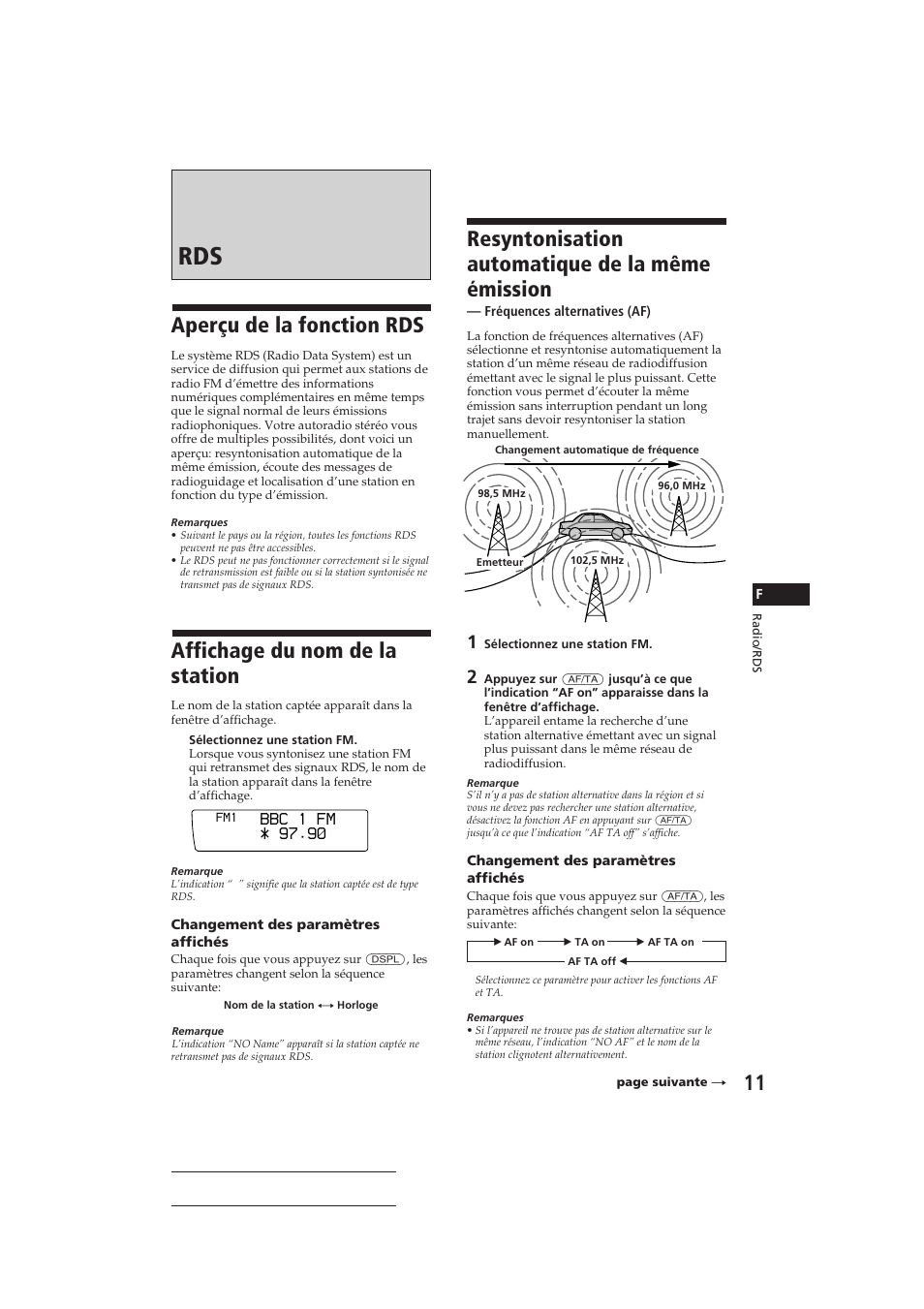 Aperçu de la fonction rds, Affichage du nom de la station, Resyntonisation automatique de la même émission | Sony CDX-C910RDS User Manual | Page 44 / 107