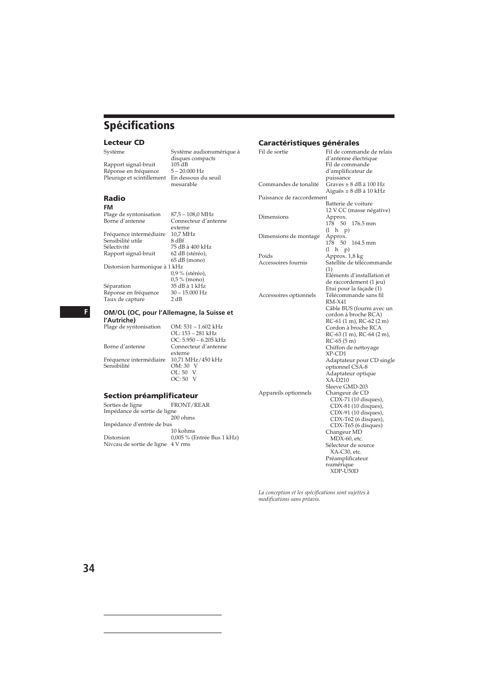 Spécifications | Sony CDX-C910RDS User Manual | Page 67 / 107