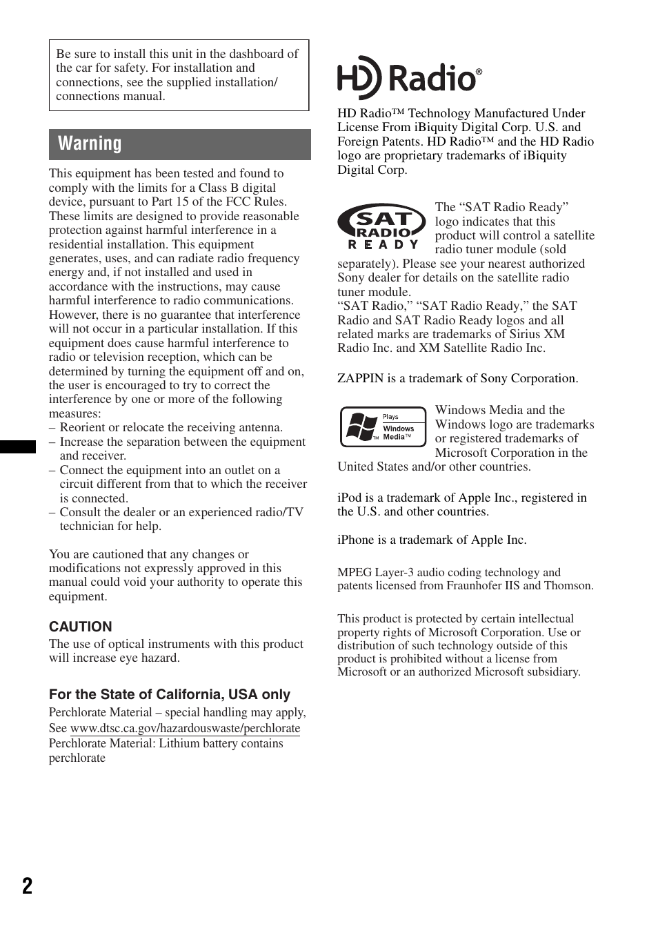 Warning | Sony CDX-GT700HD User Manual | Page 2 / 56