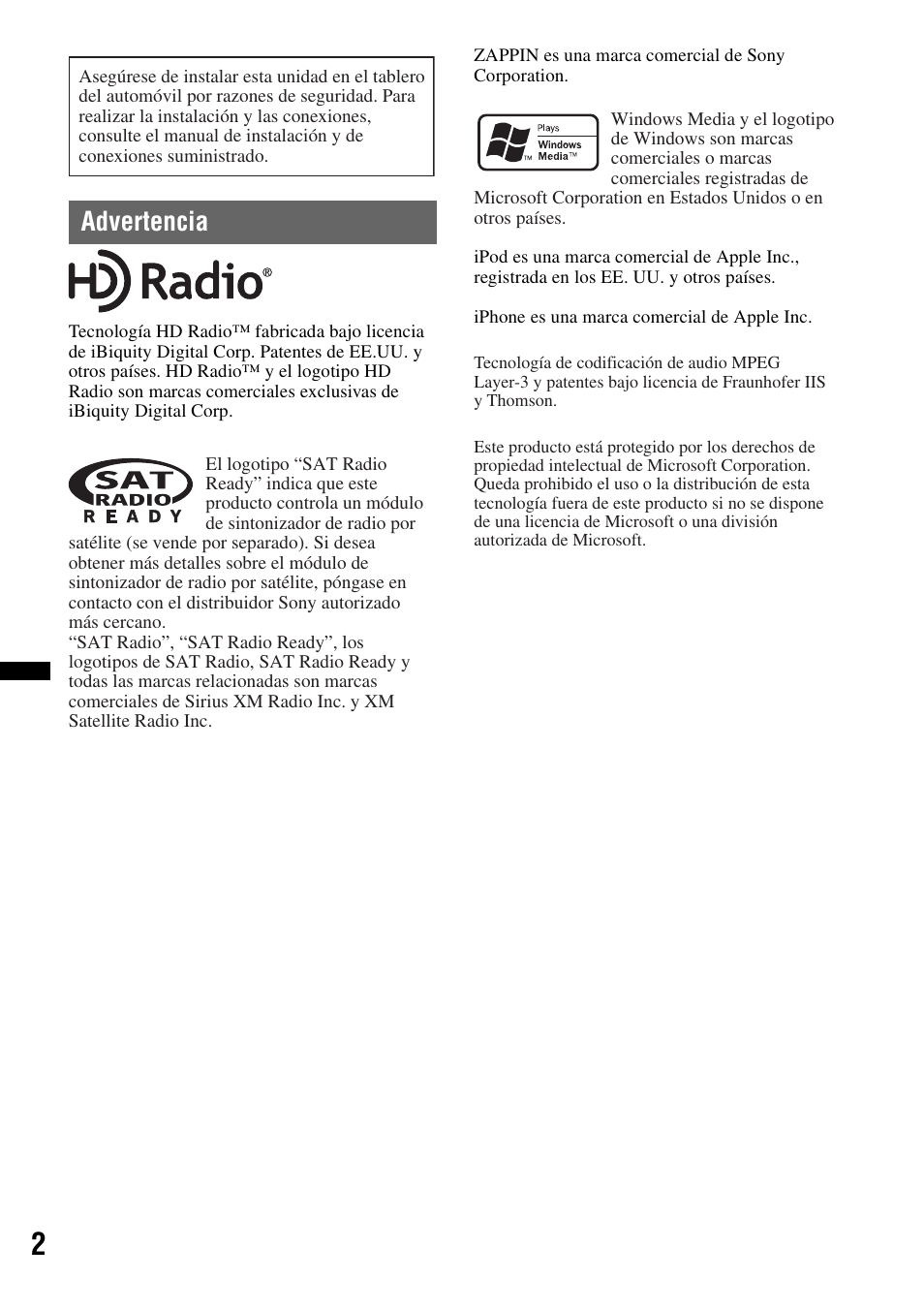 Advertencia | Sony CDX-GT700HD User Manual | Page 28 / 56