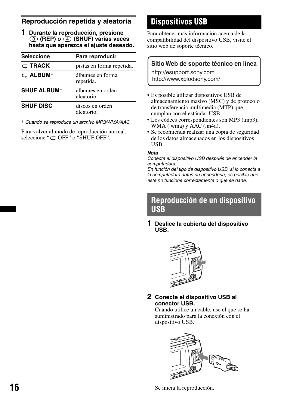 Reproducción repetida y aleatoria, Dispositivos usb, Reproducción de un dispositivo usb | Sony CDX-GT700HD User Manual | Page 42 / 56